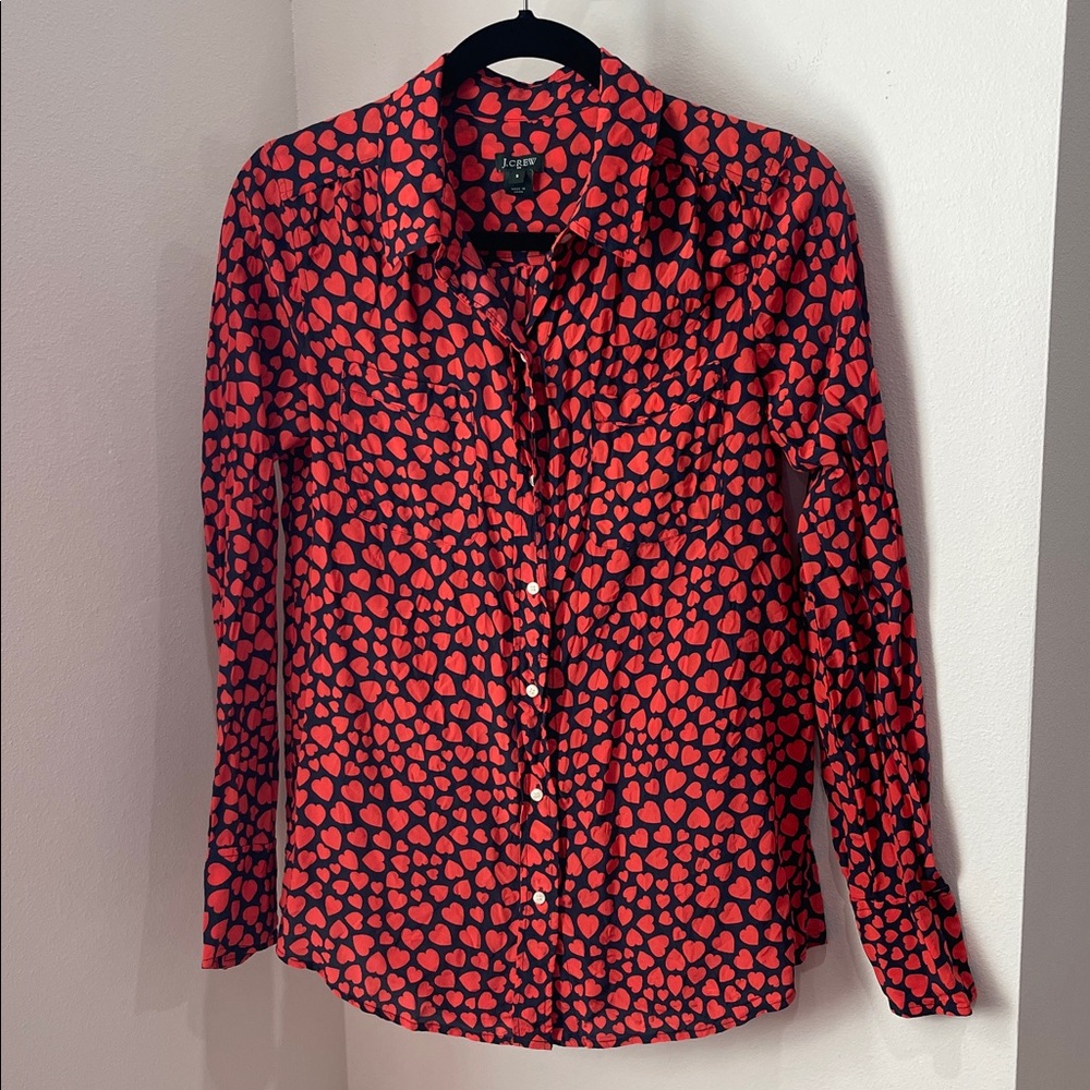 J. CREW silk button blouse, black with red hearts - Picture 2 of 7
